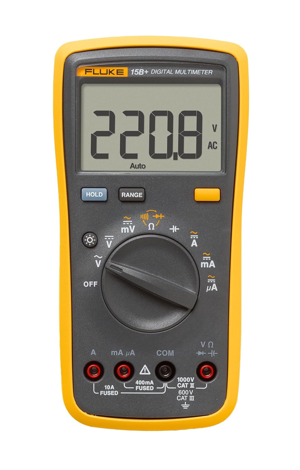 Fluke 15B+ Digital Multimeter, for Electrical Applications, Measures AC/DC Voltage and Current Measurements up to 1000V and 10A