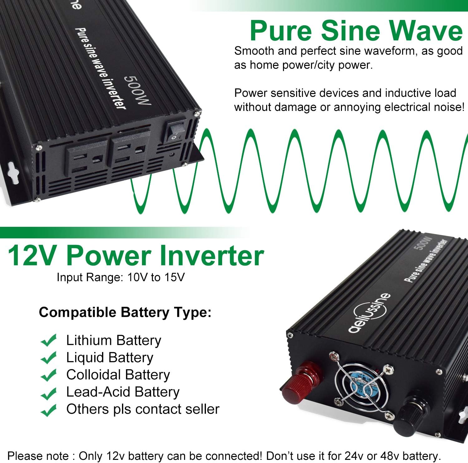 aeliussine 1000w Inverter Pure Sine Wave Power Inverter 12v dc to ac 110v 120v with 2 US Socket, LCD Display and Earth Terminal, for Car RV, Truck