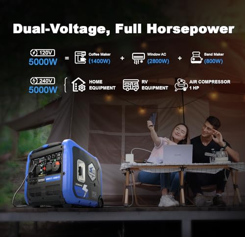DK 5000W Gas Inverter Generator, Electric Start, 120V 240V Full Power Output, Dual or Tri-fuel Conversion Possible, Wheel & Handle Kit