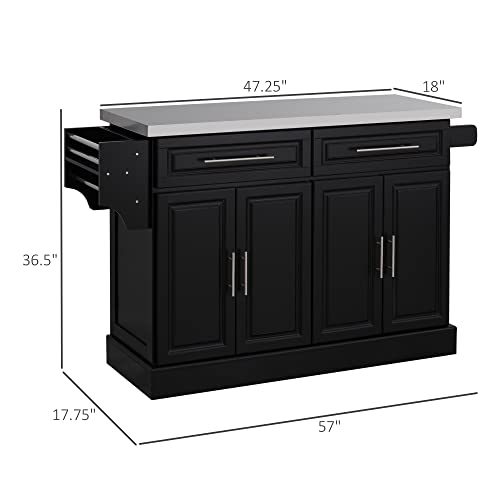 HOMCOM Rolling Kitchen Island Cart with Wheels, Portable Island Table for Kitchen with Stainless Steel Top, Adjustable Shelves, 2 Drawers, Spice
