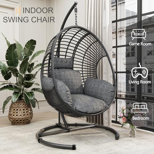 Oversized Hanging Egg Chair Outdoor Indoor, Wicker Swing Egg Chair with Stand 400lbs Capacity for Bedroom, Patio, Garden and Balcony (Beige-nest
