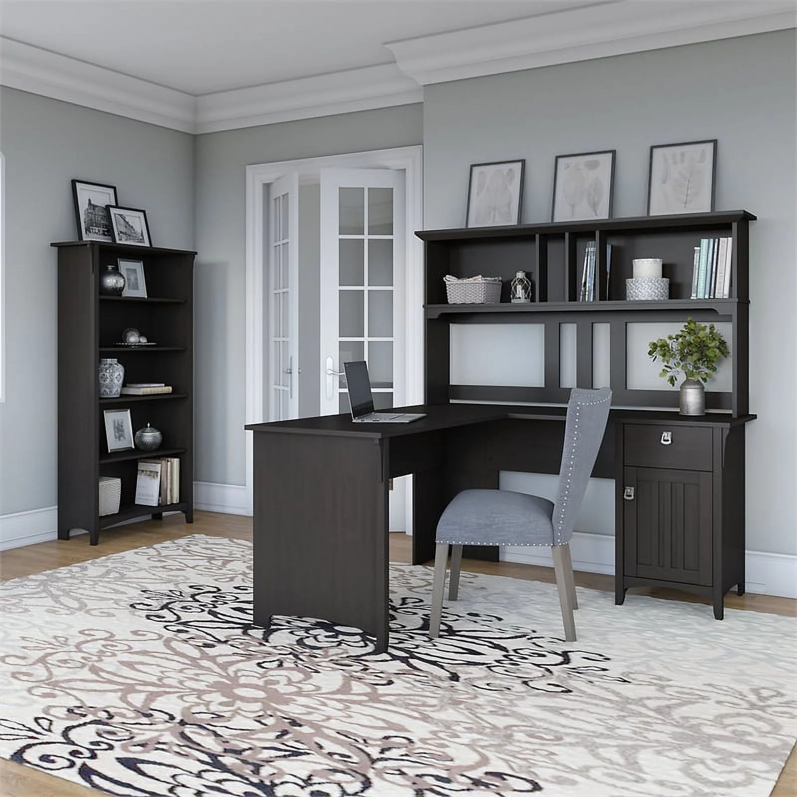 UrbanPro 60W L Shaped Desk with Hutch and Bookcase in Vintage Black