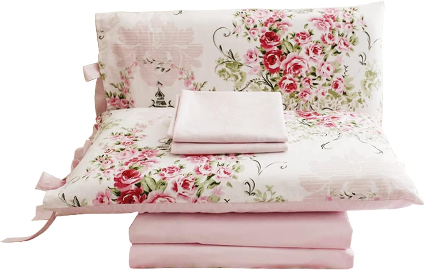 Usning Floral Sheet Set, Soft 100% Cotton Shabby Pink Rose Print Bed Sheet Set with Deep Pocket Fitted Sheet, Flat Sheet and Pillowcases