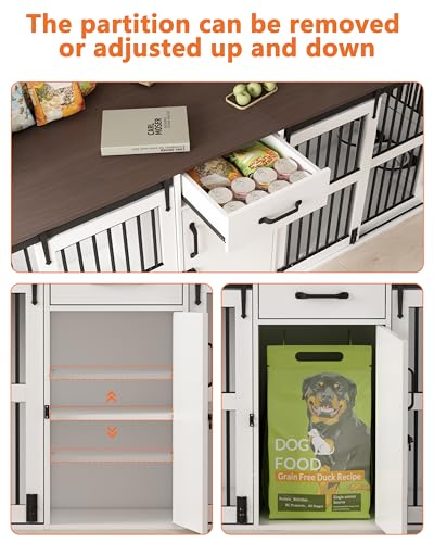 Piskyet 84.5" Double Medium Dog Crate Furniture,Heavy Duty Farmhouse Style Tv Stand Dog Kennel with Drawer and Cabinet