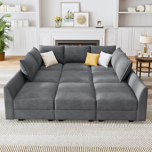 HONBAY Modular Sofa Sectional Sleeper Couch with Ottomans Reversible Sleeper Sectional Sofa Modular Couch with Storage, Aqua Blue