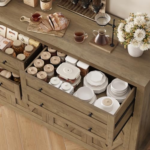 HOSTACK 55" Coffee Bar with 4 Large Drawers, 40" Tall Buffet Cabinet with Storage, Kitchen Storage Cabinet, Modern Farmhouse Sideboard Buffet
