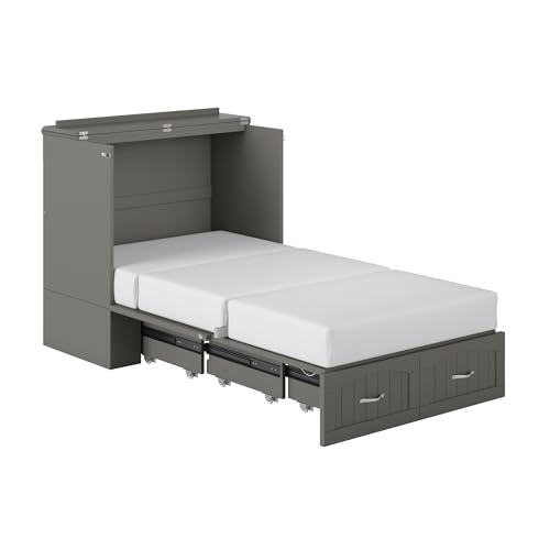AFI Southampton Queen Murphy Bed Chest with Mattress, Storage, and Built-in Charger in Grey