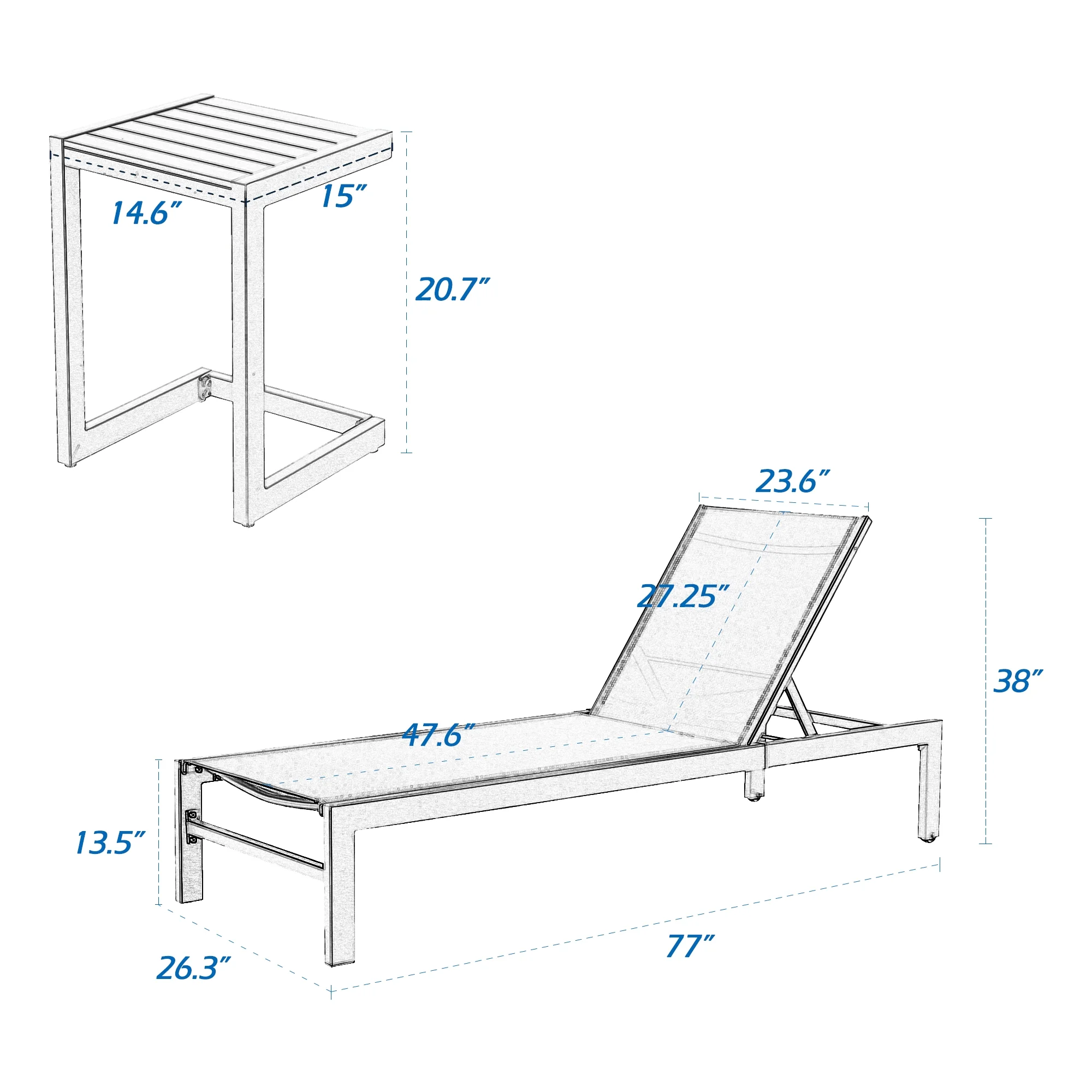 Ulax Furniture 3 Pieces Outdoor Patio Aluminum Reclining Chaise Lounge Chairs Set with C Shaped Side Table