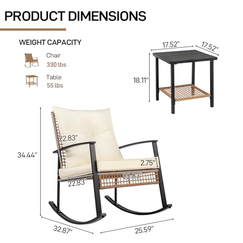 Outvita 3-Piece Outdoor Rocking Bistro Set, Patio Furniture Set w/Soft Thick Cushions & 2-Tier Coffee Table