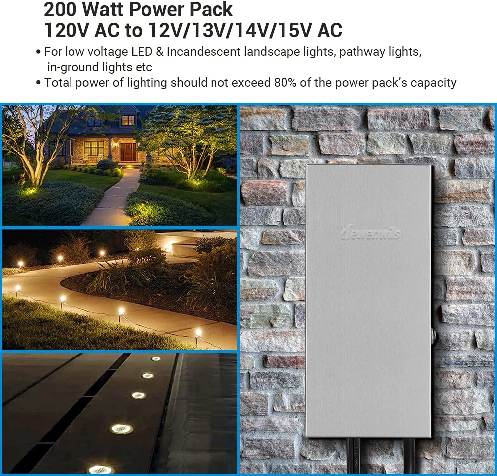DEWENWILS 200W Multi-Tap Low Voltage Transformer, 120V AC to 12V/13V/14V/15V AC,Stainlees Steel Shield