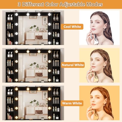 White Vanity Desk with Mirror and Lights, Glass Top Vanity with Lighted Mirror & RGB Glass Cabinet and 3 Drawers