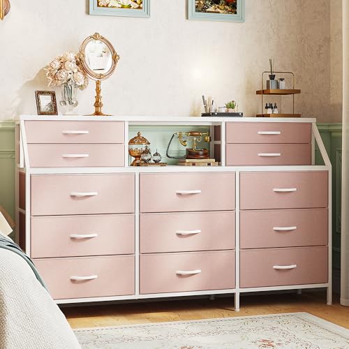 55" W Dresser for Bedroom, Dressers & Chests of Drawers with 13 Fabric Drawers and 2 Open Shelves, Long Vanity Dressers for Bedroom & Closet