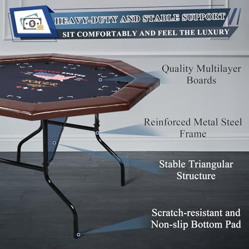 8 Players Poker Table Foldable,50inch Upgraded Folding Octagon Casion Table, Portable Texas Holedem Table w/Stainless Steel Cup Holders