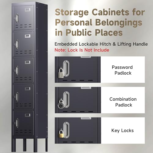 Locker Metal Storage Cabinet, Steel Office Storage Lockable Lockers for Employees Kids School Gym Home Garage Locker with Mirror & Hooks (5 Doors