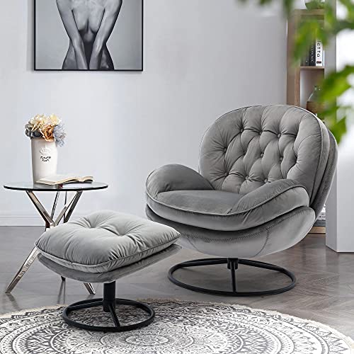 Baysitone Velvet Swivel Accent Chair with Ottoman Set, Modern Lounge Chair with Footrest, Comfy Armchair with 360 Degree Swiveling for Living Room