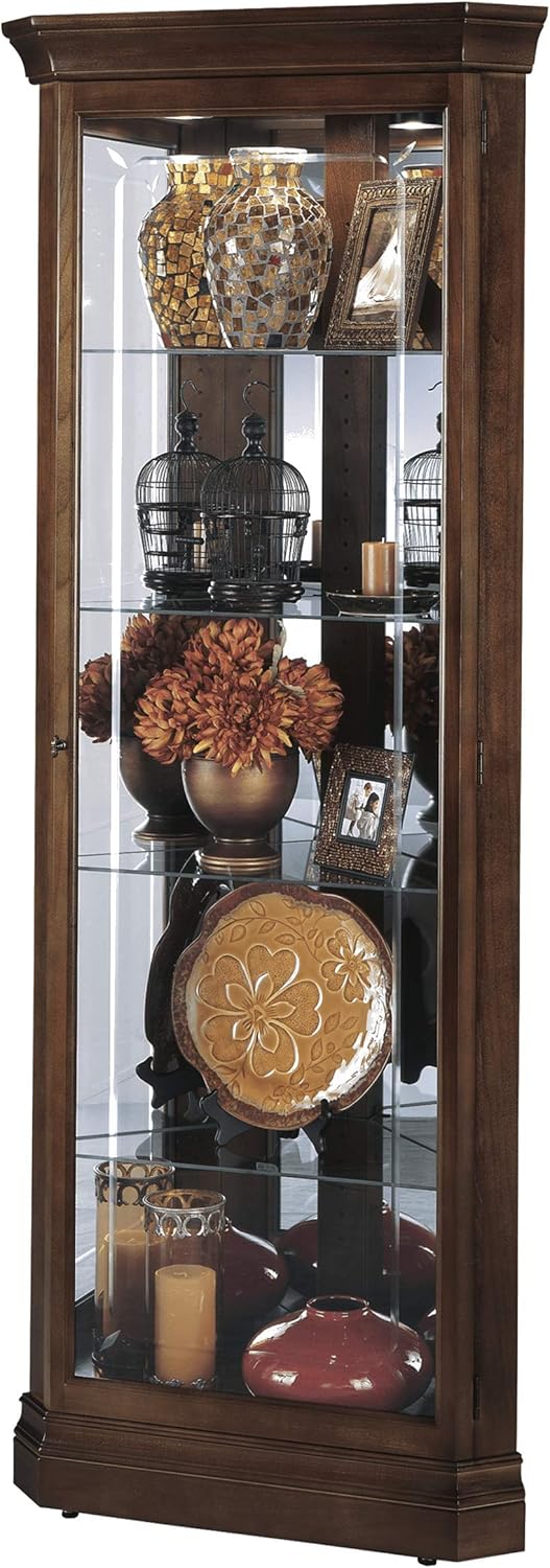 Howard Miller Jennings Corner Curio Cabinet 680-346 – Cherry Bordeaux Finish, Vertical Home Decor, Four Glass Shelves, Five Level Display Case