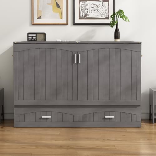 Harper & Bright Designs Queen Size Murphy Bed Cabinet, Solid Pine Wall Bed Chest with USB