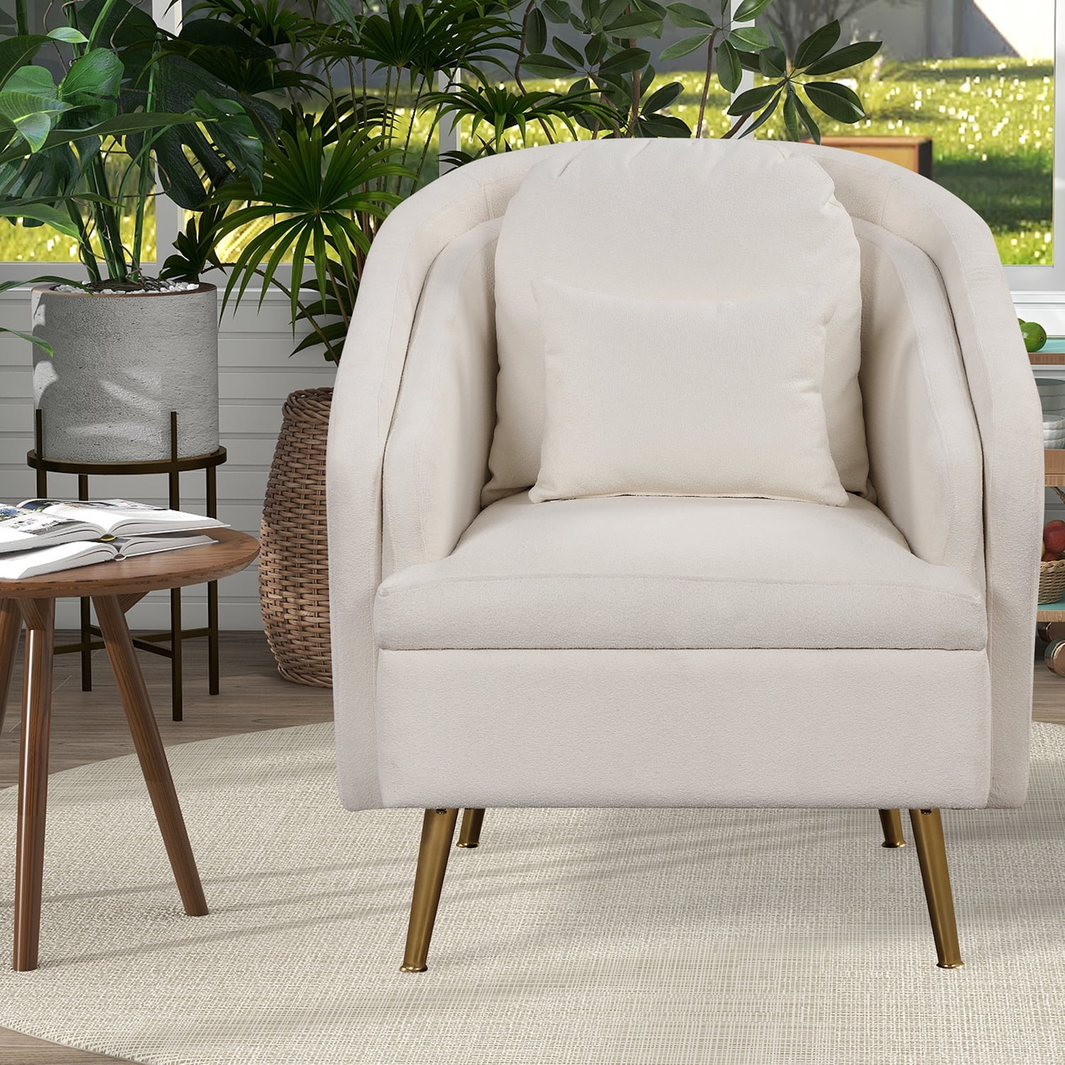 Churanty Barrel Accent Chair Elegant Velvet Tub Chair with Arm,Metal legs and Pillow for Living Room Bedroom,White
