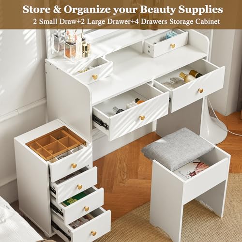 Vanity Desk with Mirror and Lights, Makeup Vanity Table with Drawers, Storage Stool