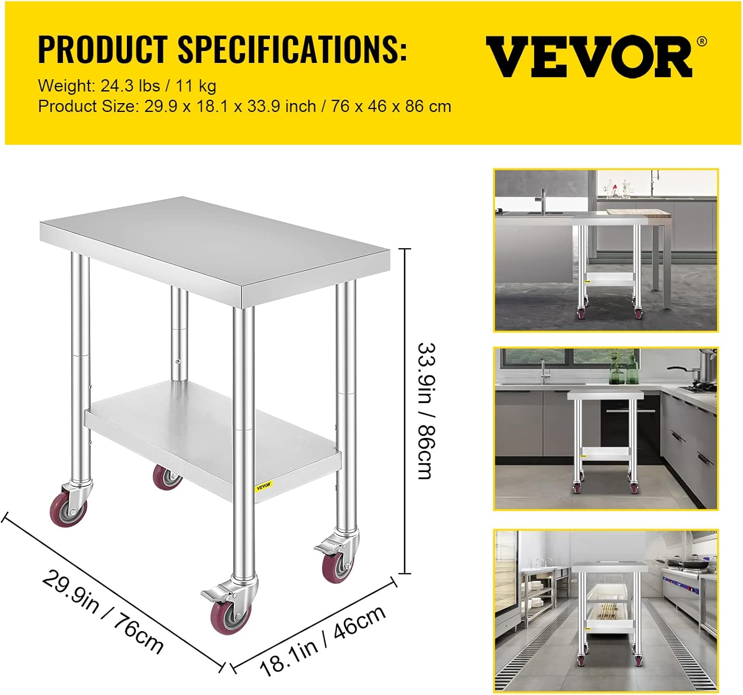 Mophorn Stainless Steel Work Table with Wheels 24 x 30 Prep Table with casters Heavy Duty Work Table for Commercial Kitchen Restaurant Business (24 x