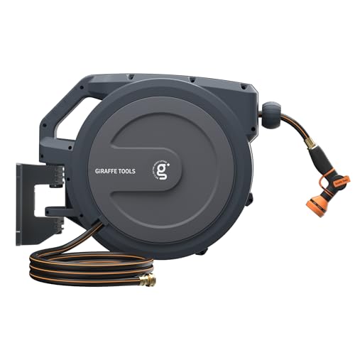 Giraffe Tools AW30 1/2MB Retractable Garden Hose Reel 1/2" x 100 ft PRO Metal Bracket, Heavy Duty, Any Length Lock Hose Reel, 100 ft, Dark Grey