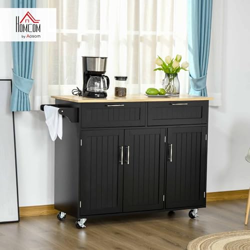 HOMCOM Mobile Kitchen Island with Storage, Kitchen Cart with Wood Top, Storage Drawers, 3-Door Cabinets, Adjustable Shelves and Towel Rack, White