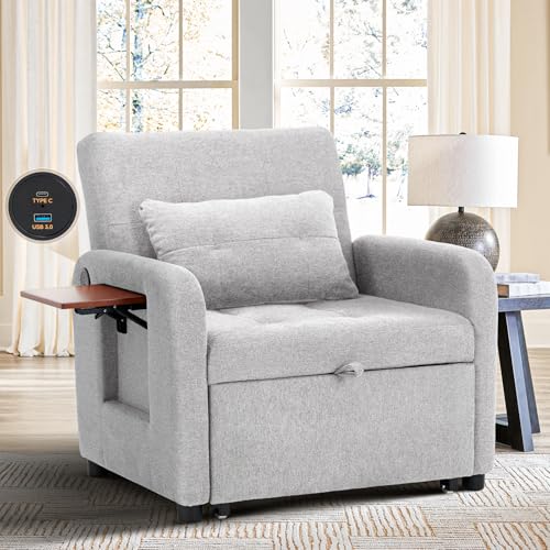 COLAMY Convertible Sleeper Chair-Fabric Futon Sofa Bed, Single Sleeper Sofa, Small Couch Bed with USB Port, Foldable Table, Pillow