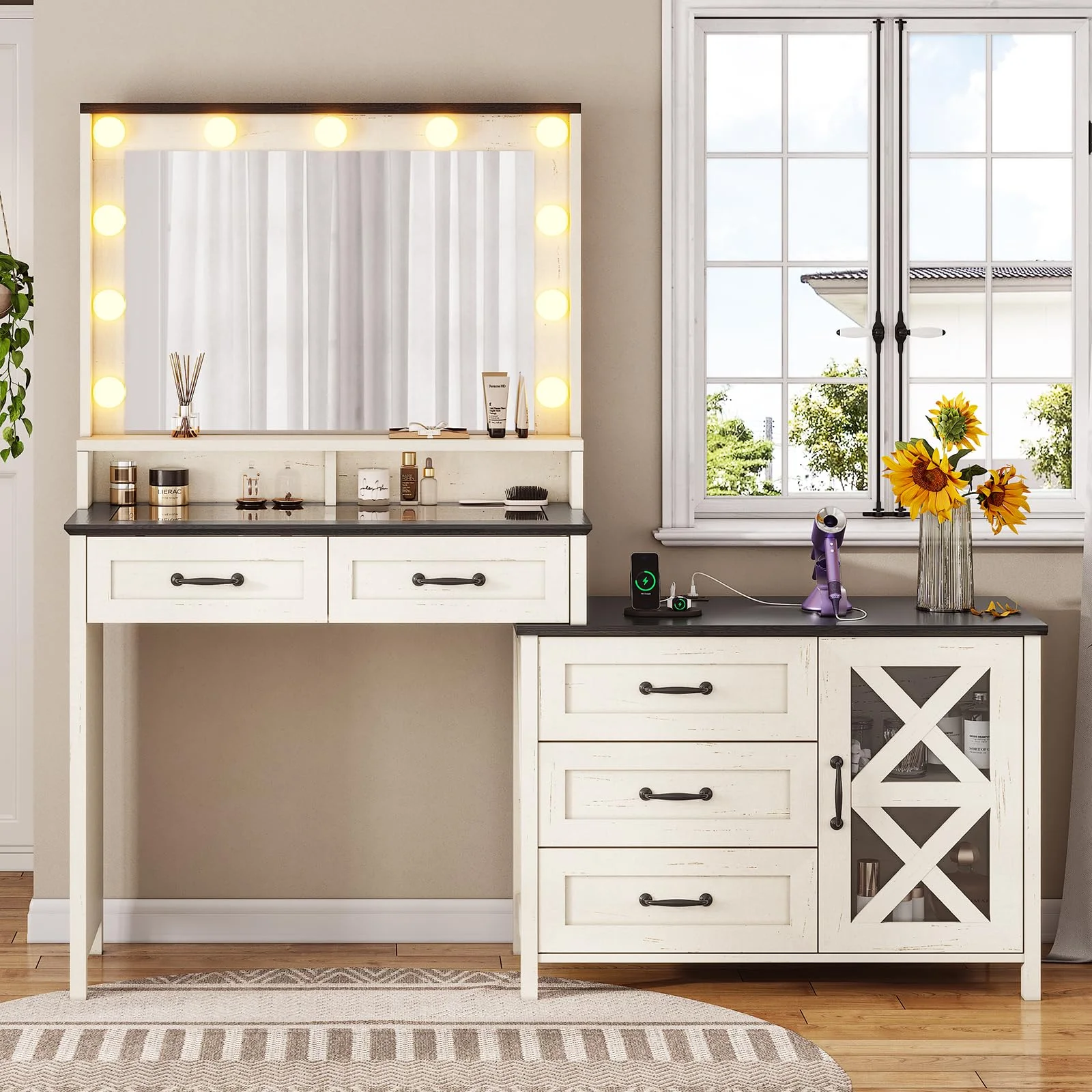 Makeup Vanity Desk with Charging Station&Mirror and Lights, Farmhouse Vanity Table with Glass Top&5 Drawers&Dresser for Women Girls, White