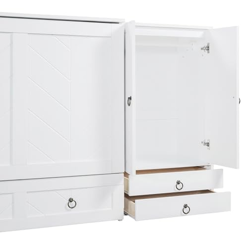 Queen Size Murphy Bed Wall Bed, Solid Pine Murphy Bed Chest Cube Cabinet Bed with USB, Charging Station