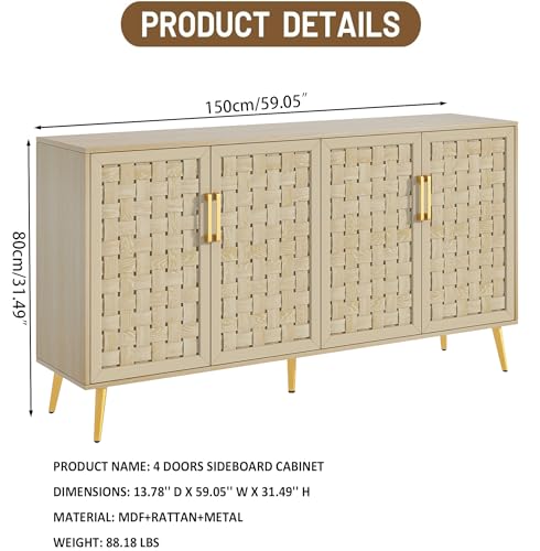 4 Door Rattan Storage Cabinet,Buffet Cabinet with Storage,Characteristic Cabinet w/Metal Legs and Handles,Cupboard Console Table