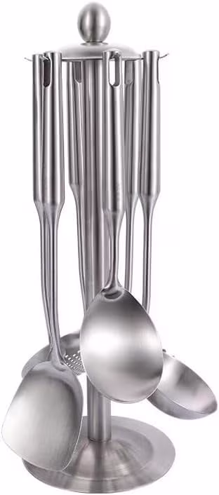 Premium 7-Piece Gold Kitchen Utensil Set with Stand, Stainless Steel Cooking Tools- Dishwasher Safe Ladle, Spoon, Spatula, Pasta Fork