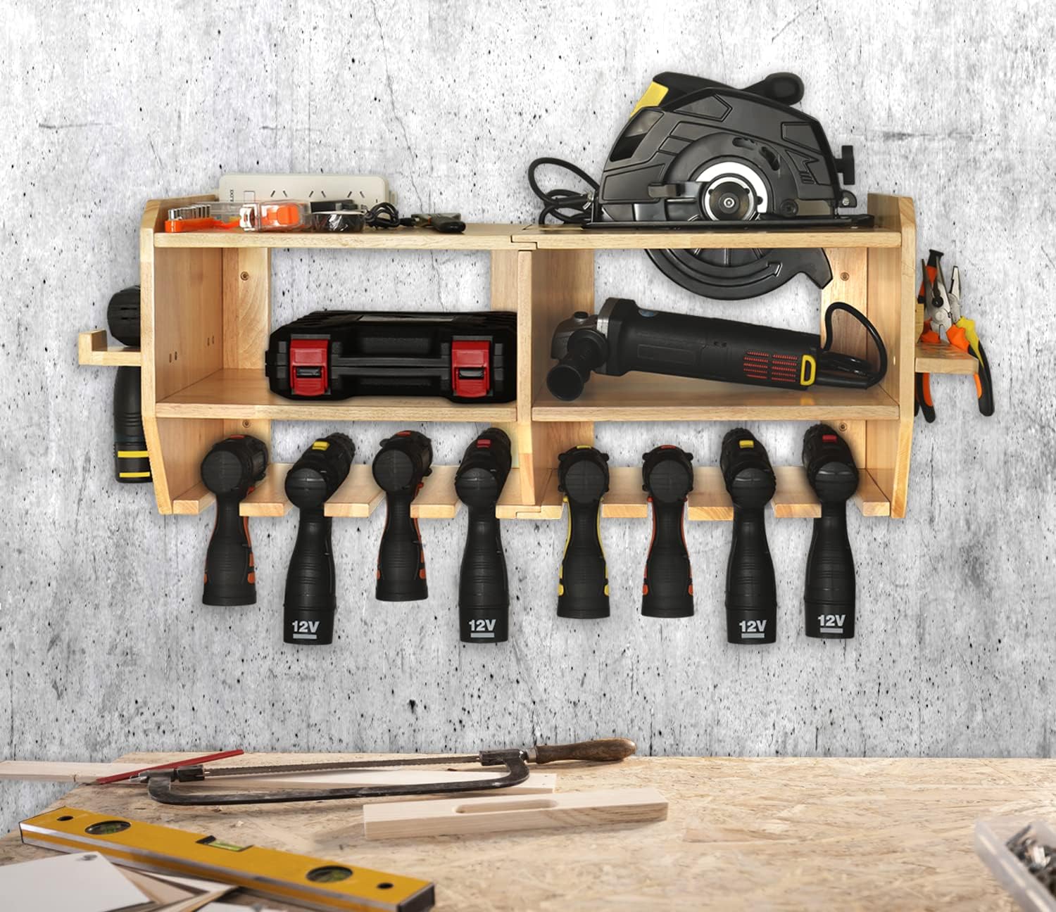 Aomomery Large Power Tool Organizer,Tool Storage Holder with 6 Drill Slots,Wall Mount Garage Tool Organizer ,Wrench and Circular Saw Storage