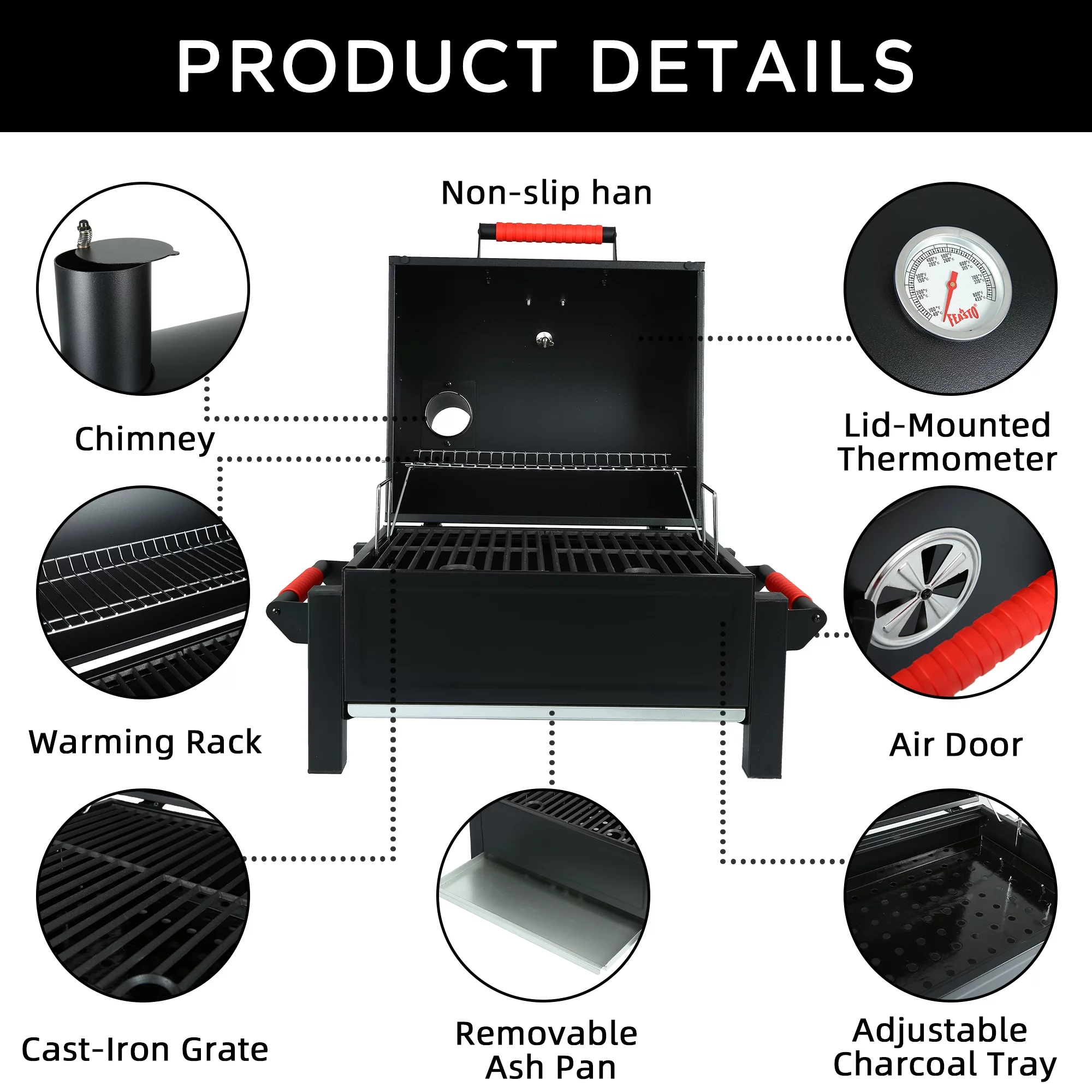 Feasto Portable Charcoal Grill Tabletop Grill with Cast Iron Grates and 354 Square in Cooking Area