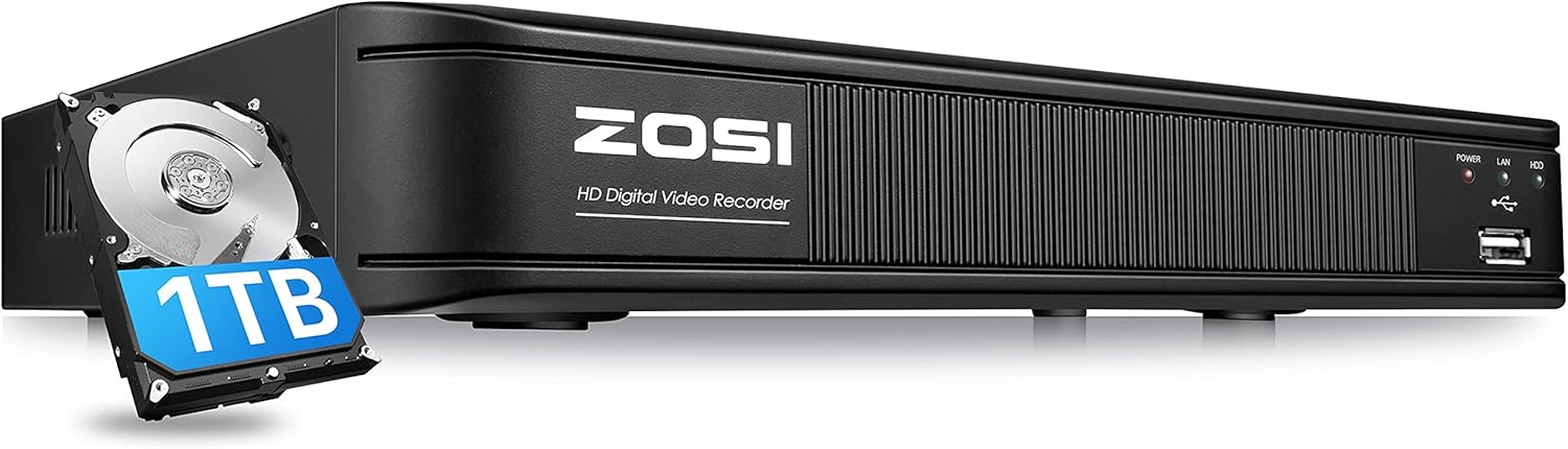 ZOSI H.265+ 5MP Lite 8 Channel CCTV DVR Recorder with Hard Drive 1TB, Remote Access, Motion Alert Push