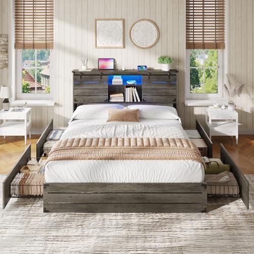 VIAGDO Wooden Bed Frame Queen Size with Bookcase Headboard and Sliding Barn Door, Farmhouse Queen Bed Frame with Charging Station