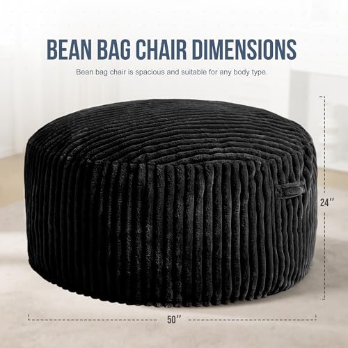 Hobestluk 5ft Bean Bag Chairs for Adults Large Beanbag Chair with Stripe Plush Cover Big Bean Bag Chair for Living Room Bedroom Dorm Office -Black