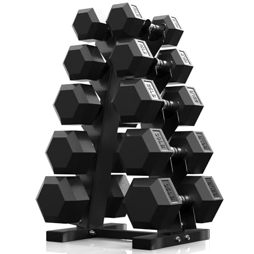 PAPABABE Hex Dumbbell Sets with Rack, 60-550lb Rubber Coated Dumbbell Weight Set and Storage Rack, Multiple Options Hand Weights for Strength Training