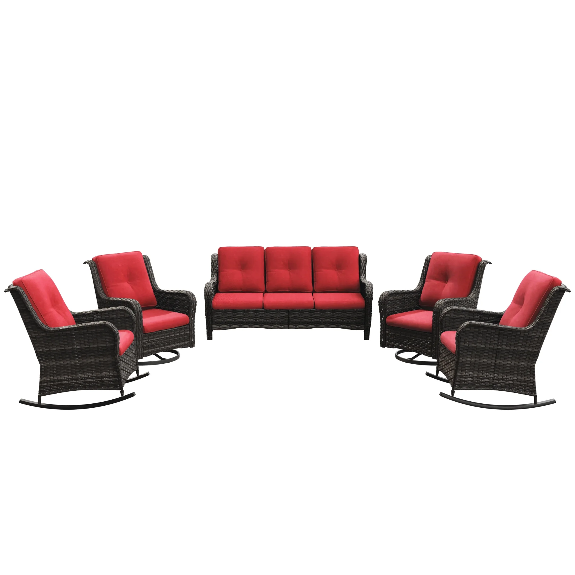 MeetLeisure 5 Pieces Outdoor Furniture Patio Furniture Set with One 3-Seat Sofa, Two Swivel Rocking Chairs,Two Rocking Chairs, Red