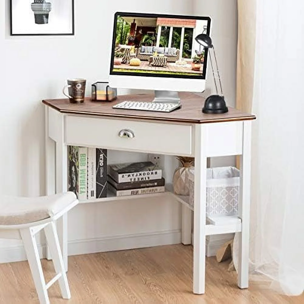 YPDCHB Corner Desk  Corner Computer Desk with Drawer for Small Space  Small Corner  Vanity Desk  90 Degrees Triangle Corner Desk with  Shelves