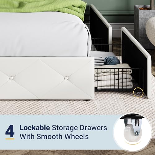 Allewie Upholstered Queen Size Platform Bed Frame with 4 Storage Drawers and Headboard, Square Stitched Button Tufted