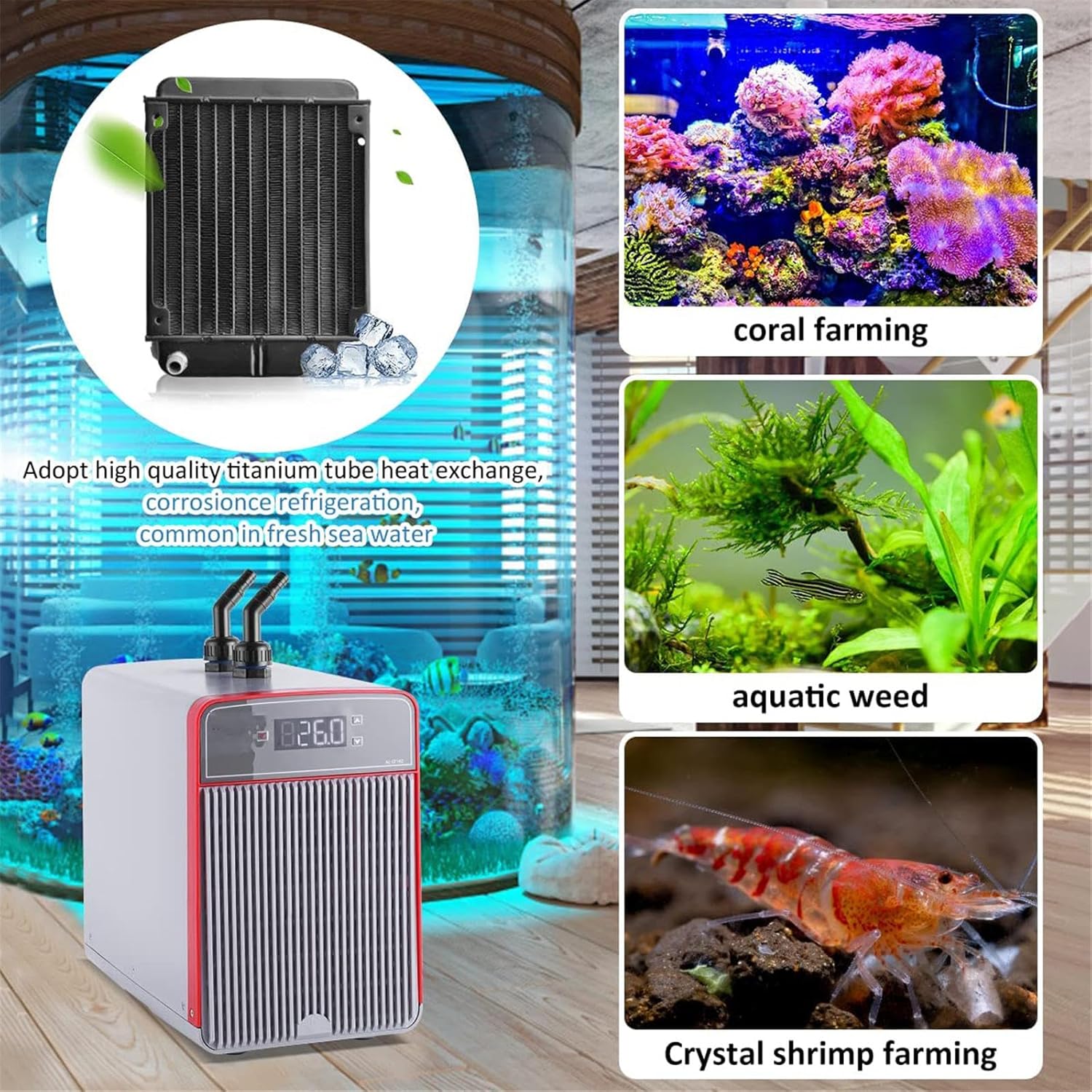 150W Aquarium Chiller, 160L Water Chillers, Hydroponic Cooler Fish Tank Cooling System for Axolotl Coral Reef Shrimp Freshwater Saltwater Plant