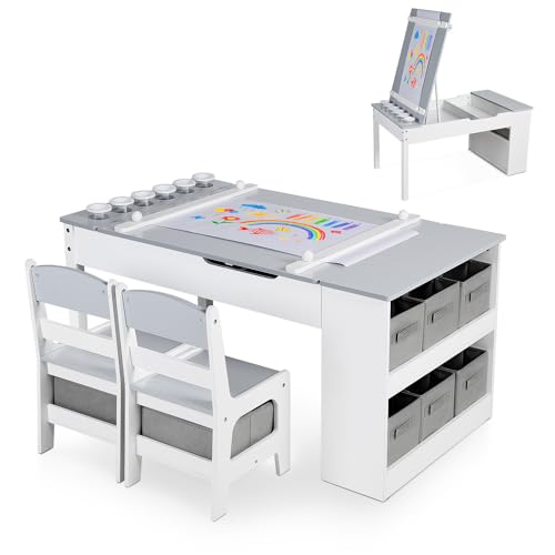 Kinder King Kids Art Table & Easel Chair Set, 3 in 1 Wood Children Activity Table, 6 Storage Bins, Paper Roll, Paint Cups