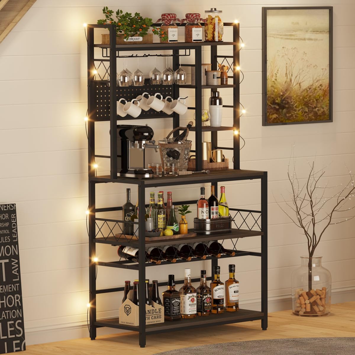 Industrial 3 Tier Mobile Gold Bar Cart with Wine Rack Freestanding Floor with Glass Holders and Hooks