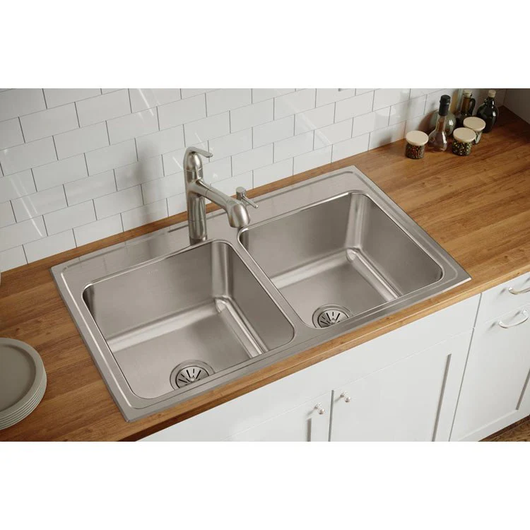 Lustertone Classic 37" Double Bowl Stainless Steel Drop-In Kitchen Sink with 4 Holes