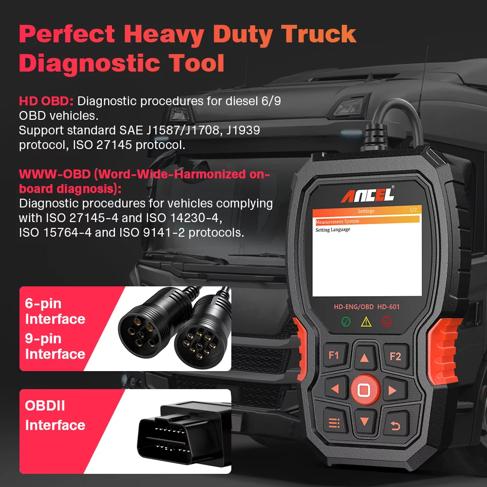 Ancel HD601 Heavy Truck Scanner All System Diesel Truck Diagnostic Scan Tool OBD2 Scanner Code Reader for Diesel Heavy Trucks & Cars 2 in 1 Code