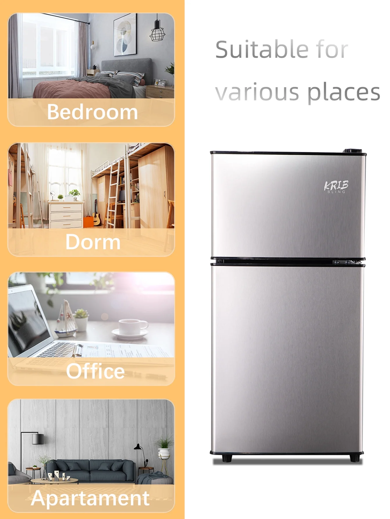 KRIB BLING 3.5 Cu.ft Mini Fridge with 7 Level Thermostat, Compact Refrigerator with Freezer on Top, Ideal for Dorm, Office, Black