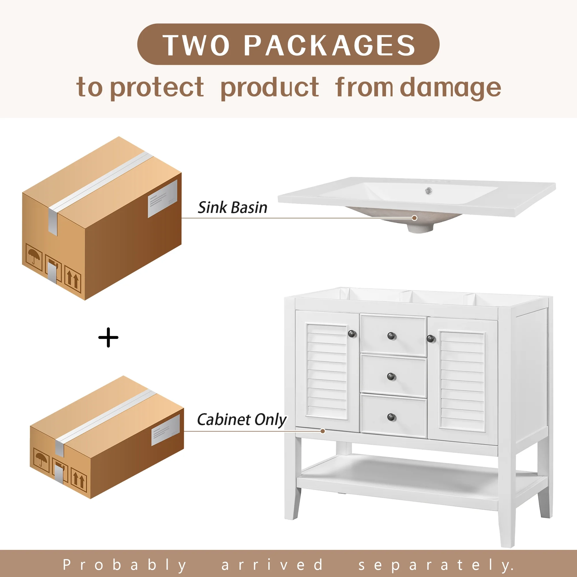 EUROCO 36" Bathroom Vanity with Ceramic Basin,Modern Freestanding Bathroom Storage Cabinet with 3 Drawers , 2 Doors and Open Shelf,Solid Wood Frame