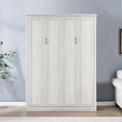 MERITLINE Queen Size Murphy Bed with Storage Bookcase Shelves,Cabinet and Charging Station,Wood Folding White Murphy Wall Bed