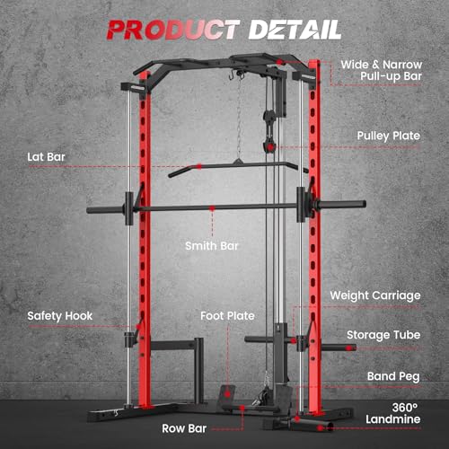 Smith Machine with LAT-Pull Down, Multi-Functional Smith Machine, Power Cage with Cable Crossover, Squat Rack with Landmine, Barbell Bar