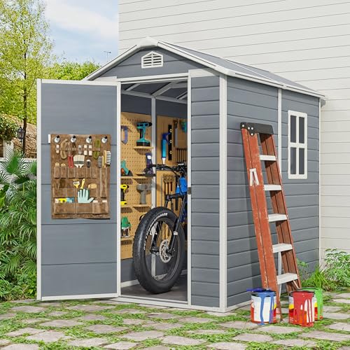 Gizoon 6x4 FT Outdoor Storage Shed with Floor, Resin Garden Tool Shed with Lockable Doors, Window, Vents, Reinforced Steel Frame